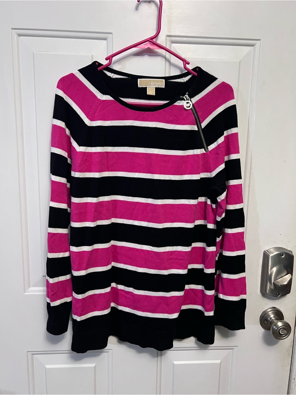 Michael Kors Women’s L Pink Black Striped Sweater Pullover Quarter Zip Cotton